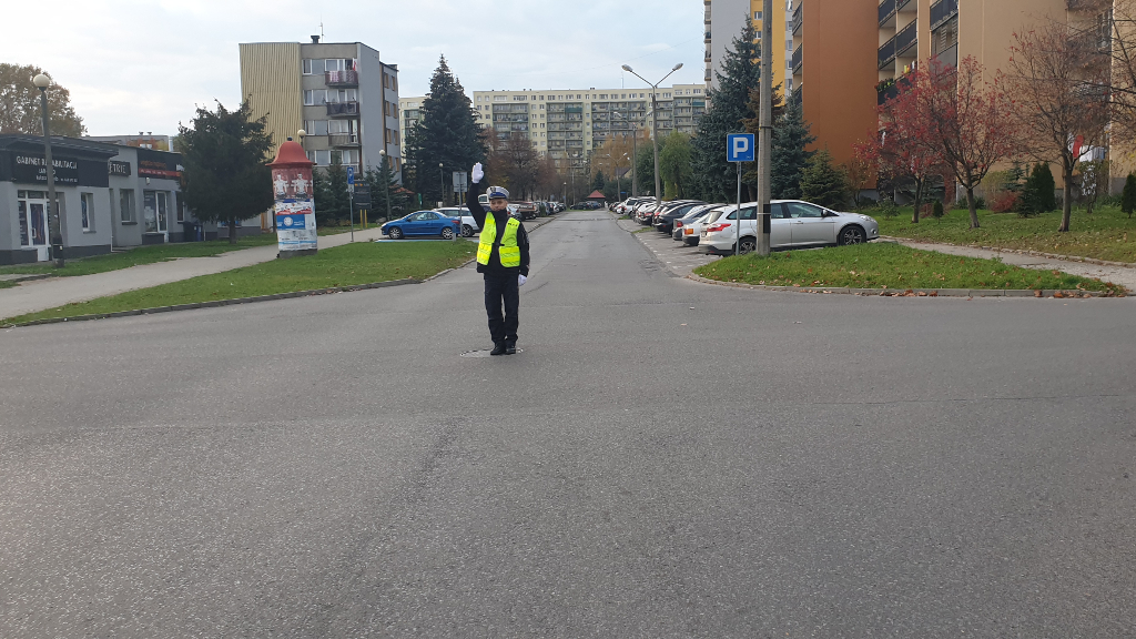 Materiał do pytania: Czy będziesz miał za chwilę możliwość wjazdu na skrzyżowanie, jeżeli widzisz tak stojącego policjanta?